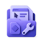 Icône violette représentant un dossier avec des documents et des outils de modification comme une clé à molette et un curseur de souris.