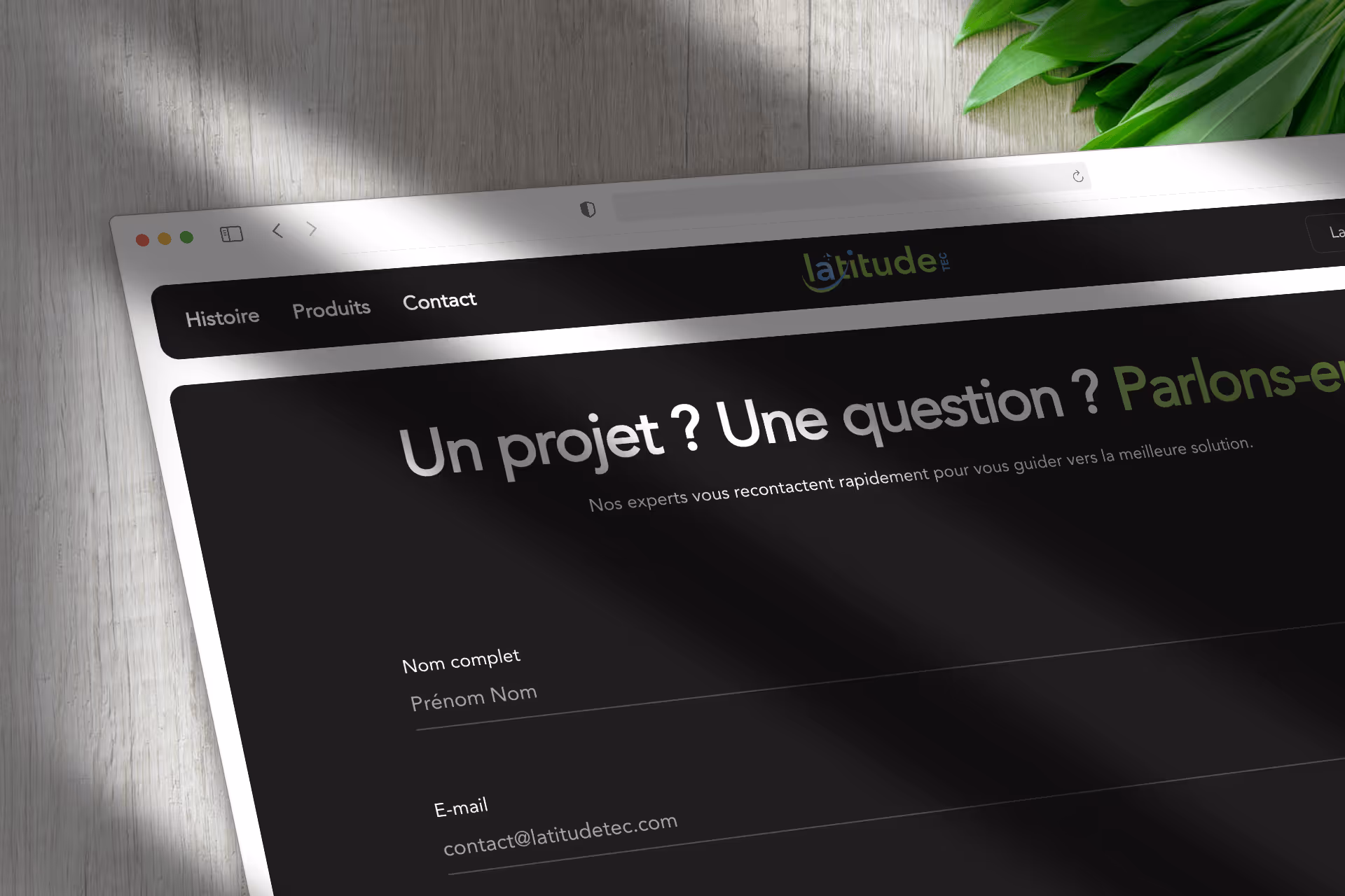 Page de contact d'un site web en français avec formulaire de nom complet et e-mail, sur fond sombre et ombres de feuilles.