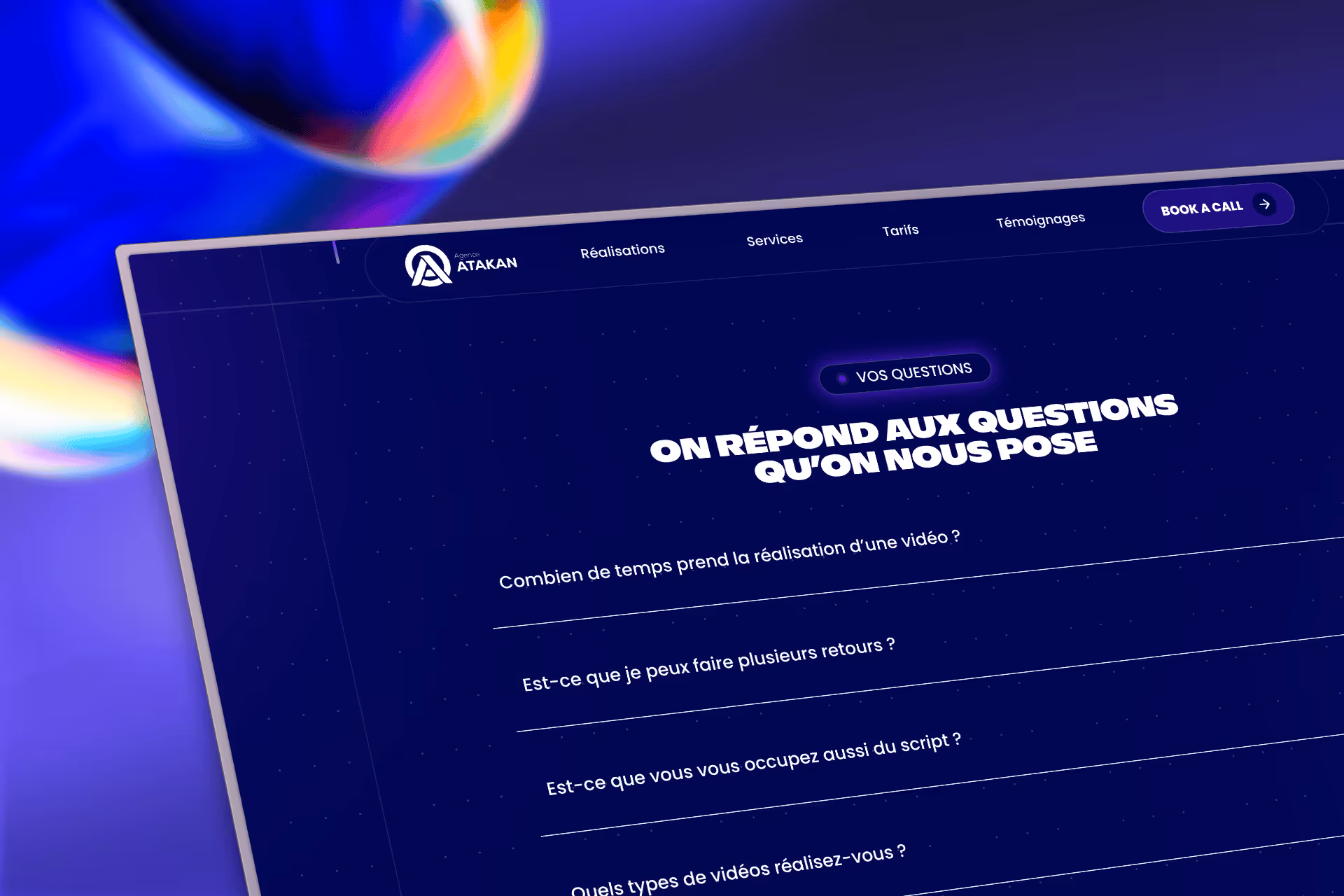 Page FAQ en français d'Agence Atakan avec questions courantes sur la réalisation vidéo.