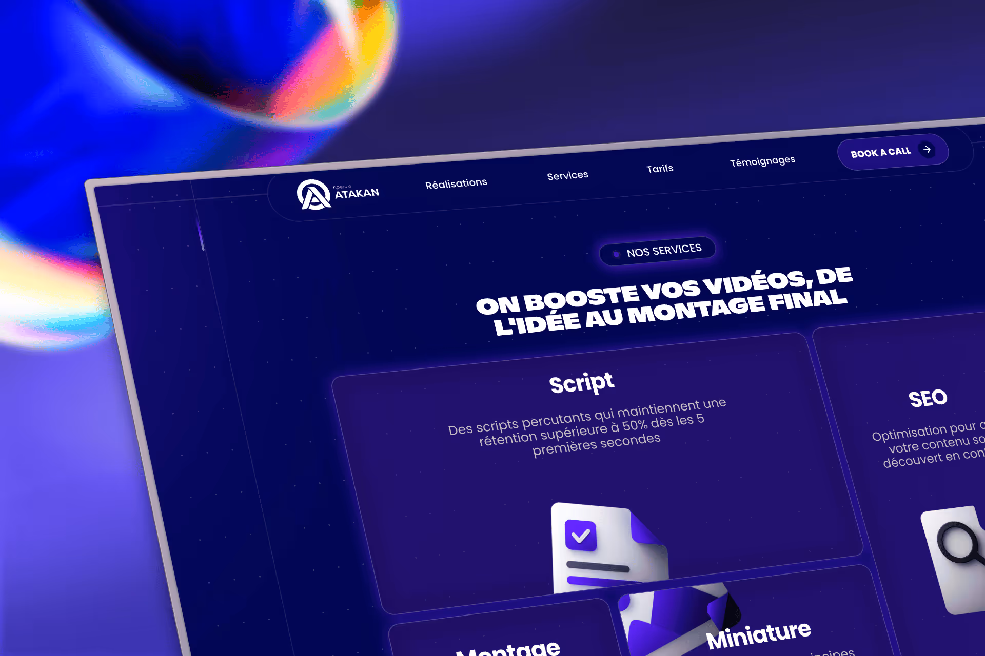 Page d'accueil du site Agence Atakan présentant leurs services de vidéo, incluant script, montage, miniature et SEO.