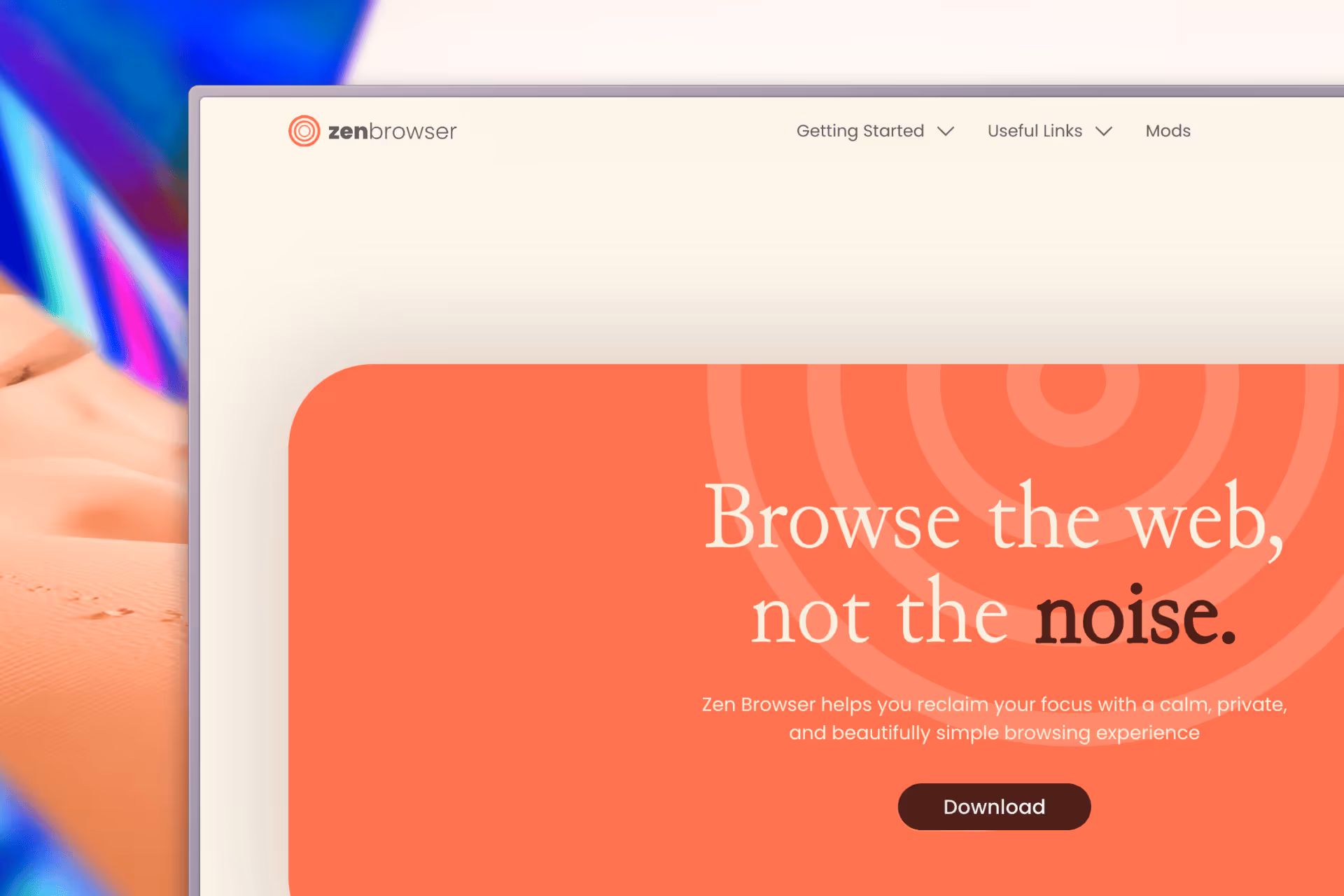 Interface Zen Browser avec slogan "Parcourez le web, pas le bruit" et bouton de téléchargement.