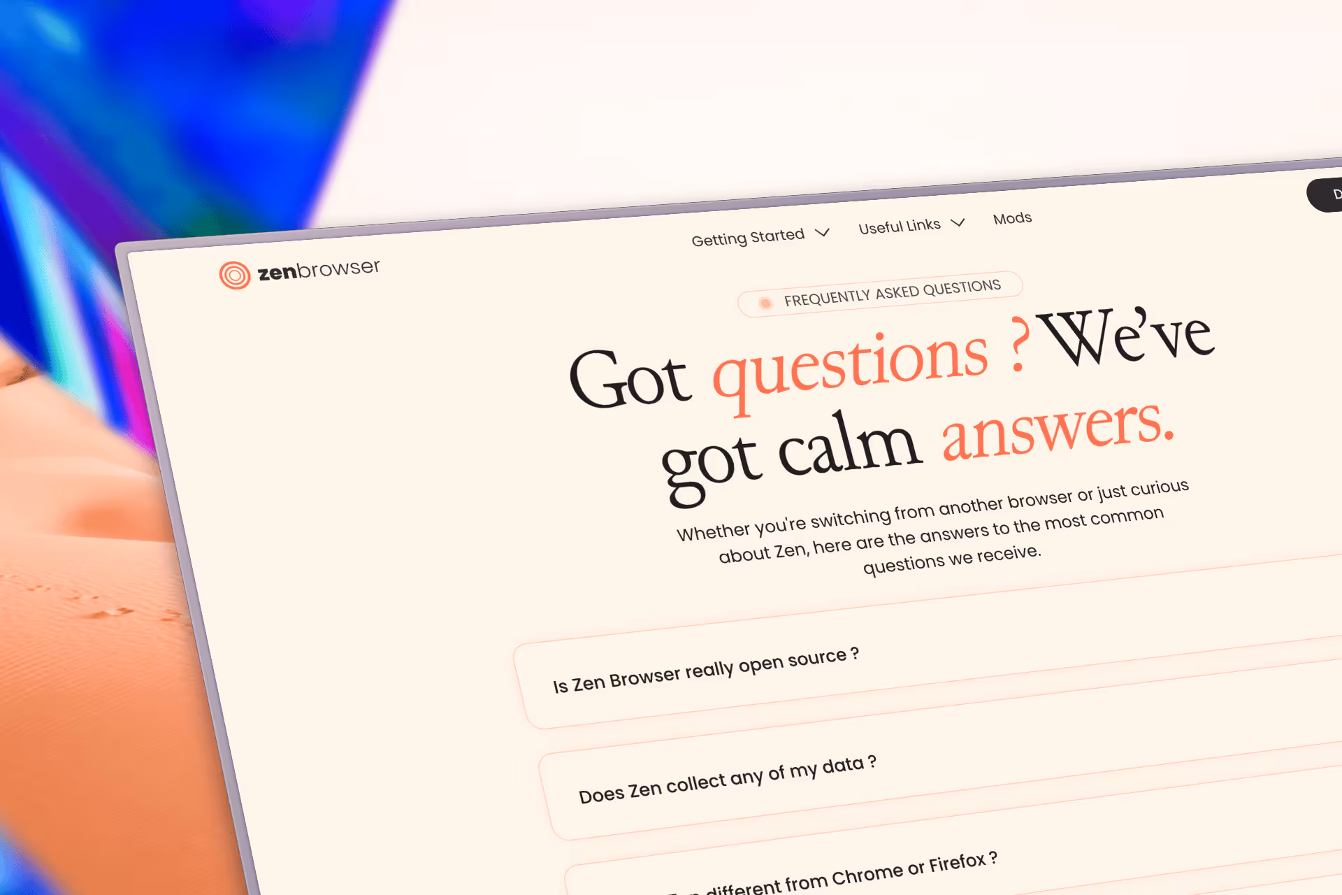 Page FAQ du site ZenBrowser affichant des questions fréquentes comme « Zen Browser est-il vraiment open source ? » sur fond clair avec logo zenbrowser en haut à gauche.