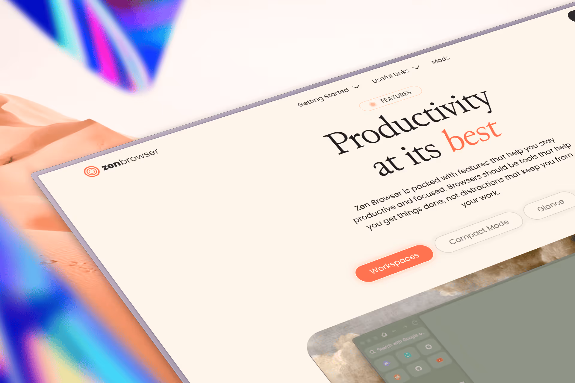 Capture d'écran partielle du site Zen Browser montrant un texte promouvant la productivité avec des boutons pour différents modes de navigation.