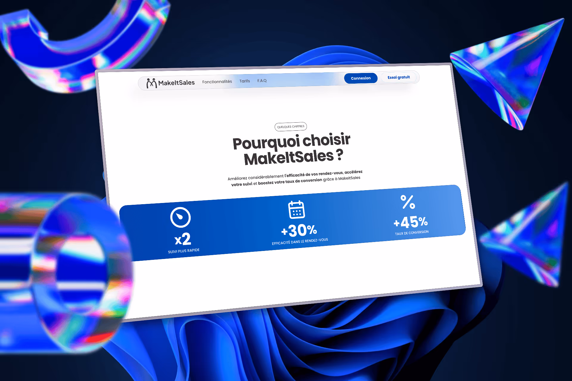 Page web de MakeItSales montrant des chiffres clés : suivi deux fois plus rapide, +30% d'efficacité dans les rendez-vous, +45% de taux de conversion.