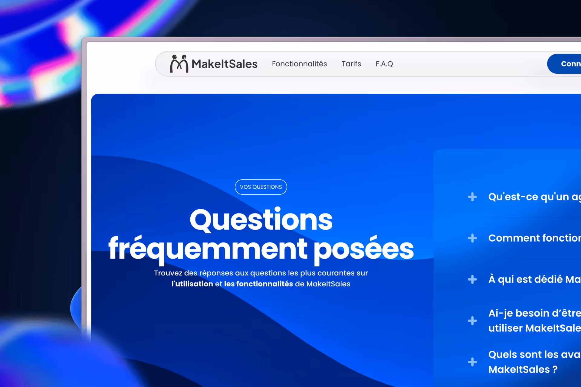 Page FAQ de MakeItSales avec un titre bleu indiquant Questions fréquemment posées et une liste de questions courantes sur l'utilisation et les fonctionnalités.