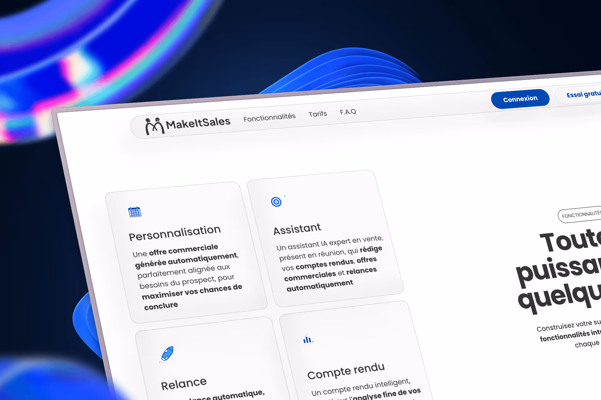 Capture d'écran du site MakeItSales montrant des fonctionnalités de personnalisation, assistant IA, relance, et compte rendu pour améliorer les ventes.