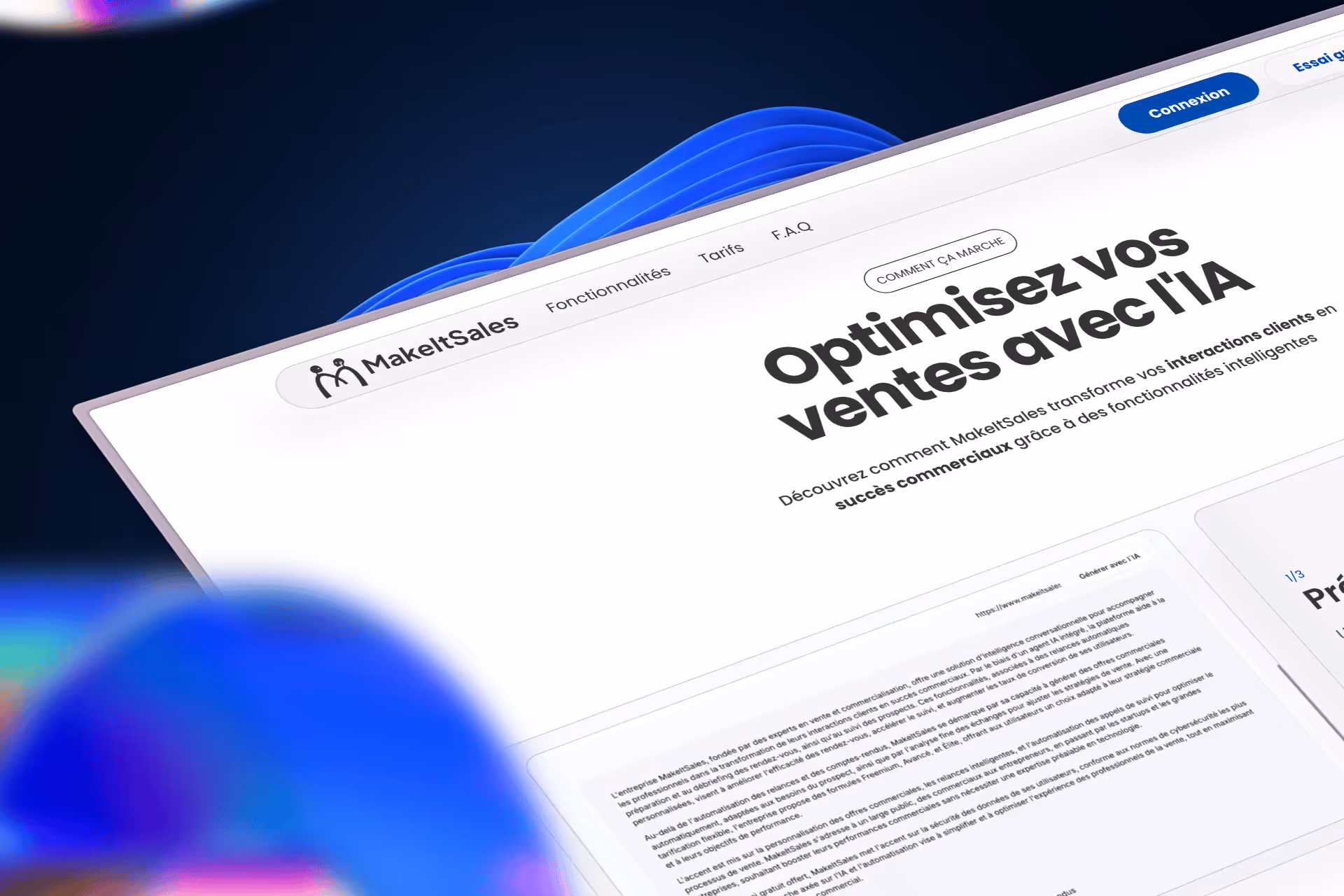 Page d'accueil du site MakeItSales avec le texte en français optimisant les ventes grâce à l'intelligence artificielle.