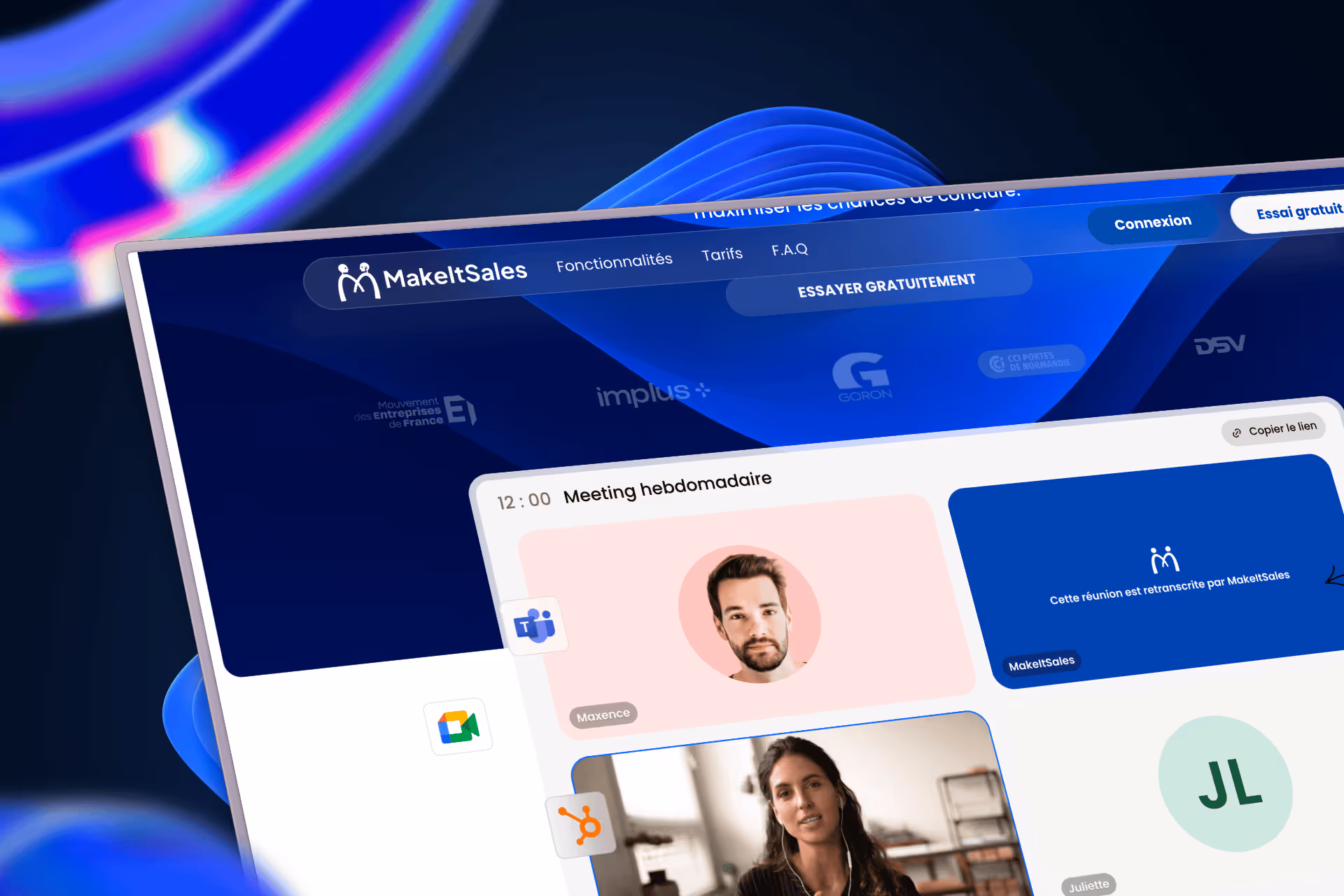 Interface de réunion hebdomadaire en ligne avec photos de participants et logos de Microsoft Teams, Google Meet, et MakeItSales.