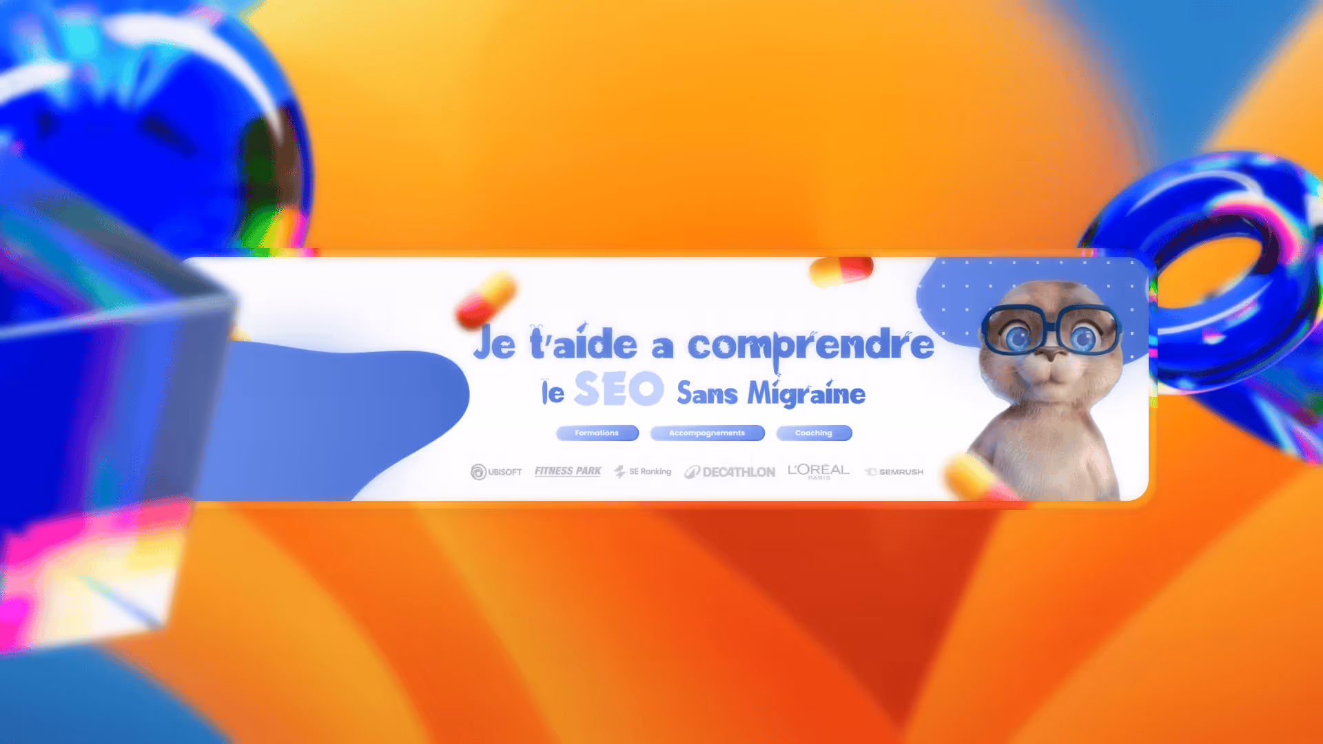 Bannière avec un personnage de chat portant des lunettes, texte en français sur le SEO sans migraine, et logos de plusieurs marques en bas.