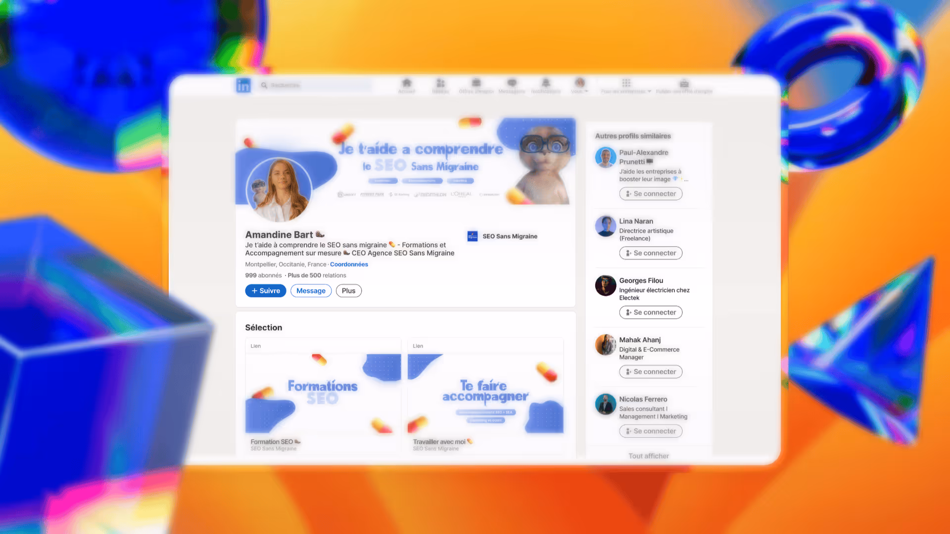 Profil LinkedIn d'Amandine Bart, spécialisée en SEO sans migraine, proposant formations et accompagnement sur mesure.