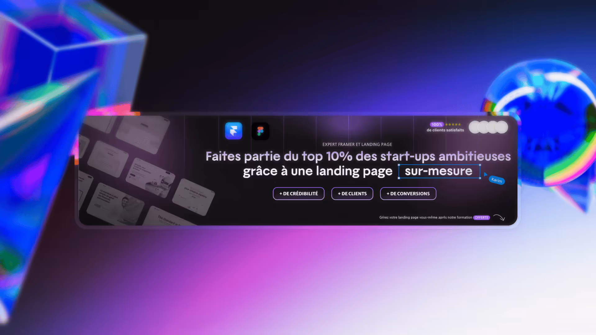 Annonce en français sur fond sombre et éléments colorés, promouvant une landing page sur-mesure pour les start-ups ambitieuses.