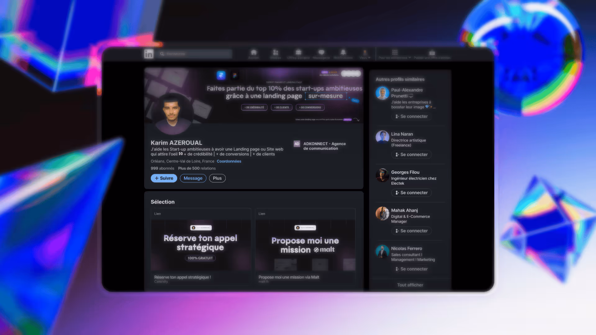 Profil LinkedIn de Karim Azeroual offrant des services de création de landing pages pour start-ups, avec options pour réserver un appel stratégique ou proposer une mission, affiché sur un écran avec un fond flou coloré.