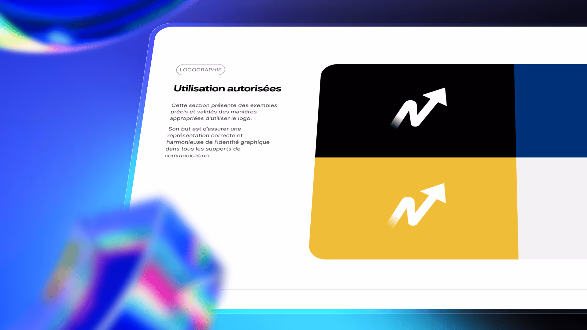 Section présentant des exemples validés d'utilisations autorisées du logo avec des variations sur fond noir et jaune.