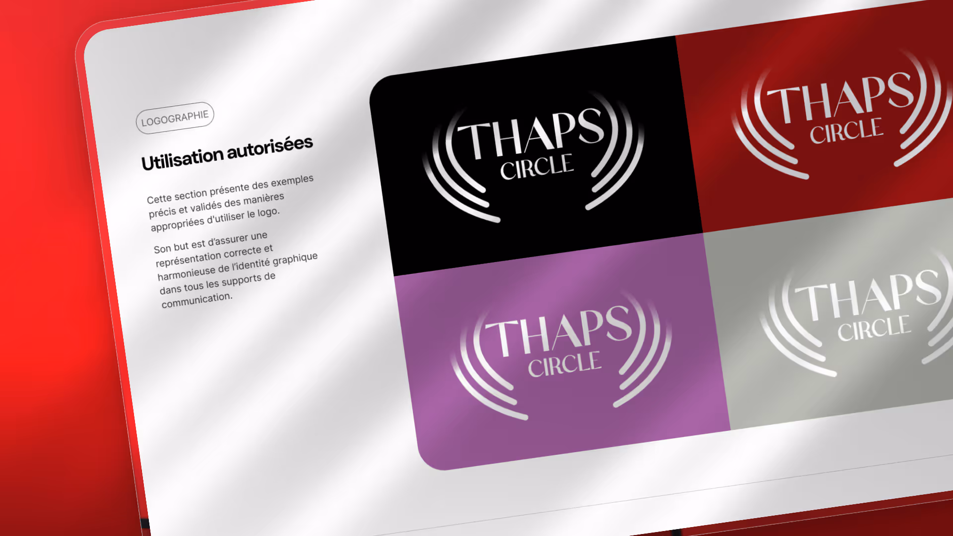 Quatre variantes du logo THAPS CIRCLE dans des carrés noirs, rouge, violet et gris sur fond blanc avec texte expliquant l'utilisation correcte du logo.