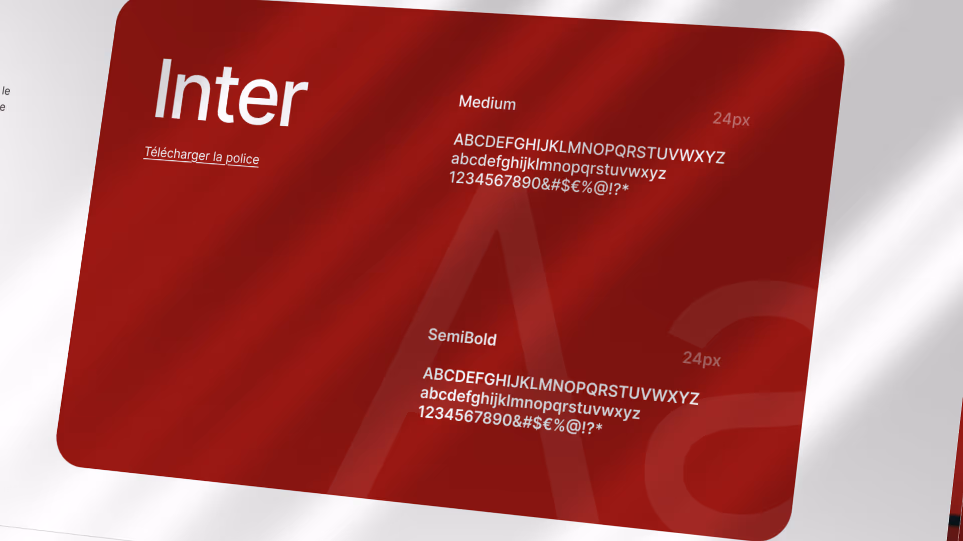 Exemple de typographie Inter sur fond rouge montrant les styles Medium et SemiBold avec alphabet, chiffres et symboles en taille 24px.