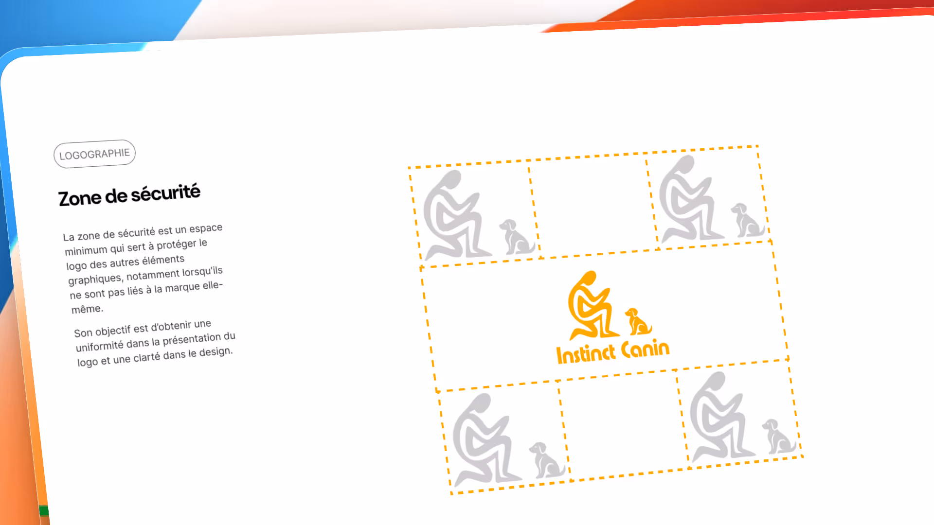 Exemple de zone de sécurité autour du logo Instinct Canin, illustrée par une zone délimitée en pointillés orange autour du logo central et des espaces vides pour éviter le chevauchement d'autres éléments graphiques.