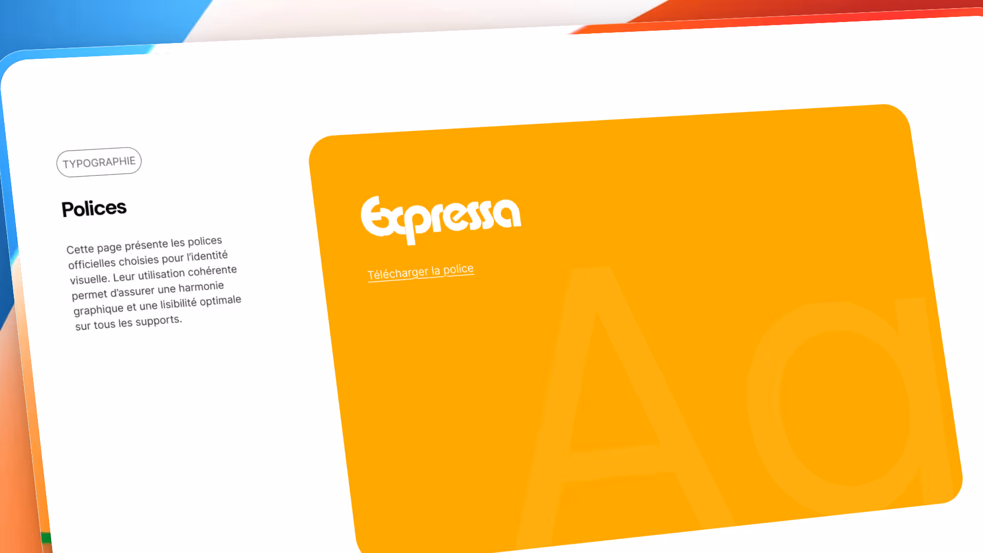 Page présentant la police de caractère officielle 'Expresso' avec une section orange et texte explicatif sur l'utilisation cohérente des polices.