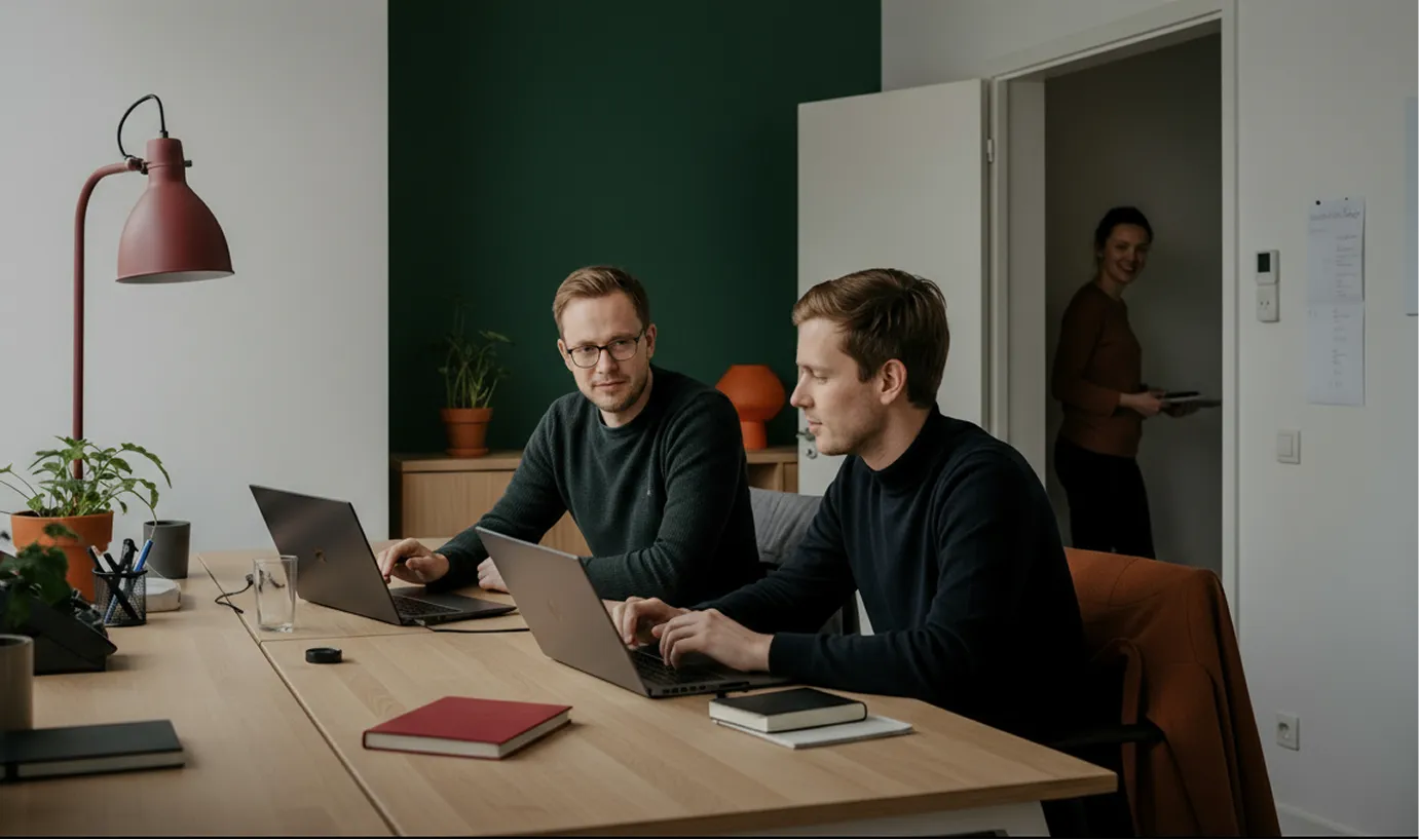 Two men working on laptops at a wooden table in an office, with a woman standing in a doorway behind them.
