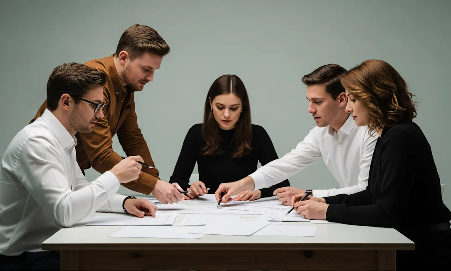 Five young professionals in business attire discussing documents around a table in a meeting.