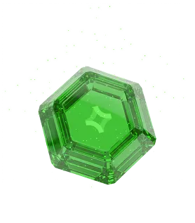 Glossy translucent green pentagonal 3D geometric shape with beveled edges on a white background.