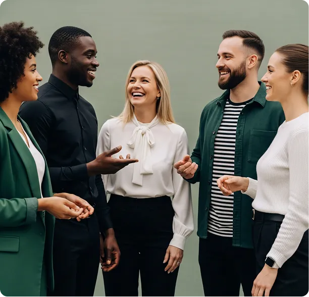 Five diverse young professionals standing in a semi-circle, smiling and engaging in a lively conversation against a plain green background.