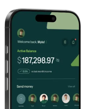 Smartphone screen showing a finance app with a welcome message, active balance of $187,298.97, a 12.5% income increase, and options to send money to contacts.