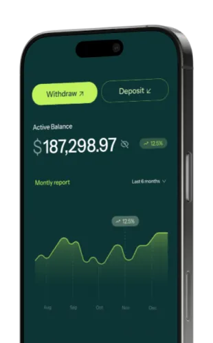 Smartphone showing financial app with active balance of $187,298.97, options to withdraw or deposit, and a monthly report graph for the last six months.