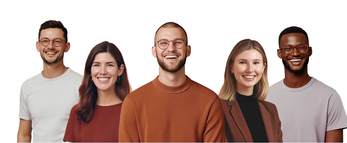 Five diverse smiling people standing side by side against a transparent background.