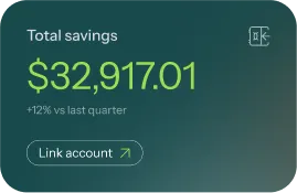 Financial dashboard showing total savings of $32,917.01 with a 12% increase from last quarter and a link account button.