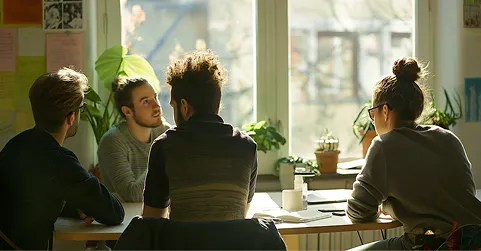 Four people having a discussion around a table in a sunlit room with large windows and plants.