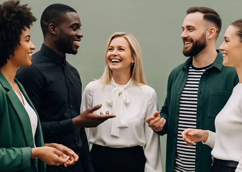 Group of five diverse young adults smiling and engaged in friendly conversation against a plain background.