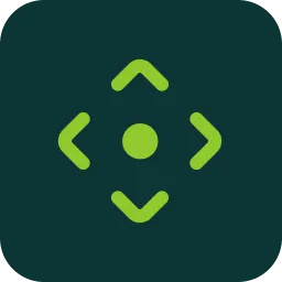 Green navigation arrows pointing up, down, left, and right around a central green dot on a dark background.