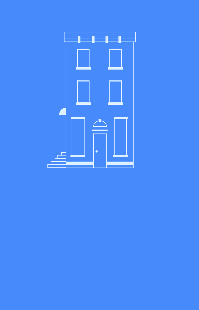 Simple white line drawing of a three-story building with stairs on a blue background.