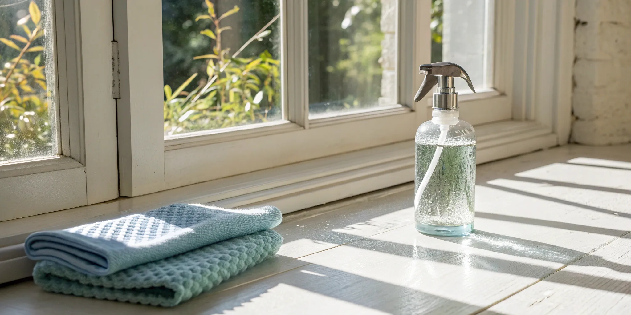 DIY window washing tools, including a spray bottle and cloths, on a windowsill.