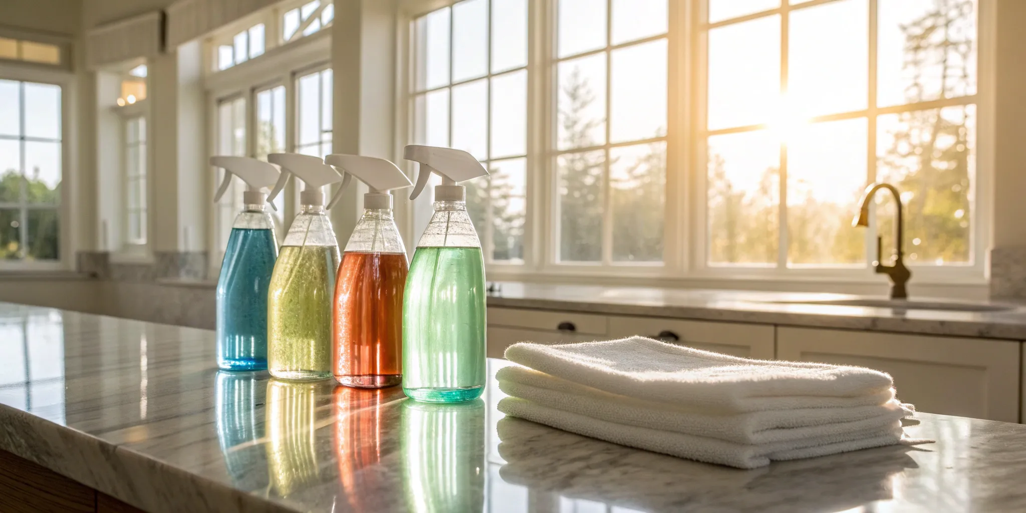 DIY window washing solution in spray bottles with microfiber cloths for a streak-free shine.