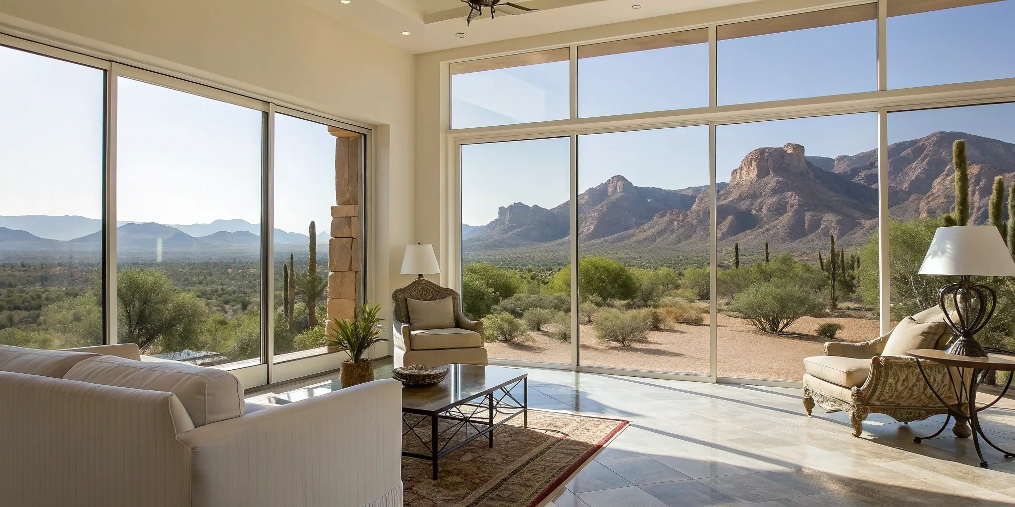 Professional window and screen cleaning services result in a bright living room with a clear view.