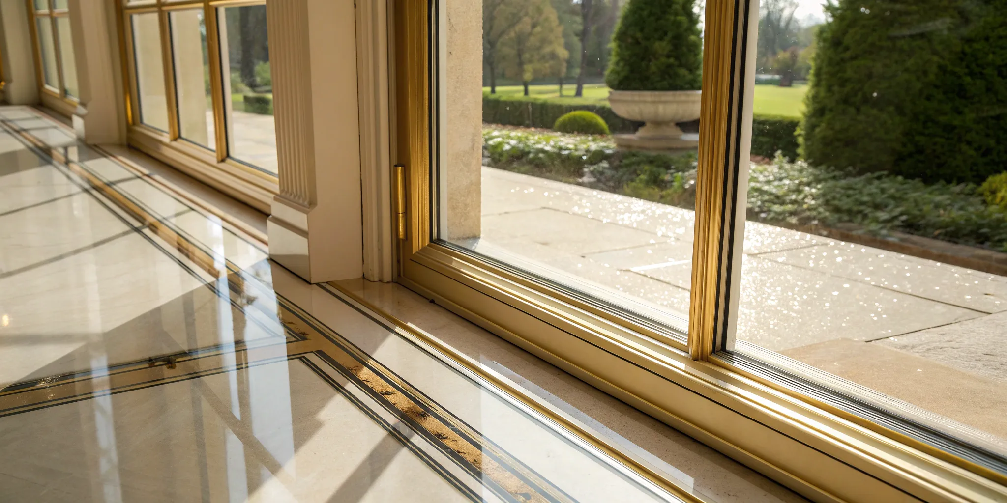 A perfectly clean window track on a sliding glass door after a thorough cleaning.