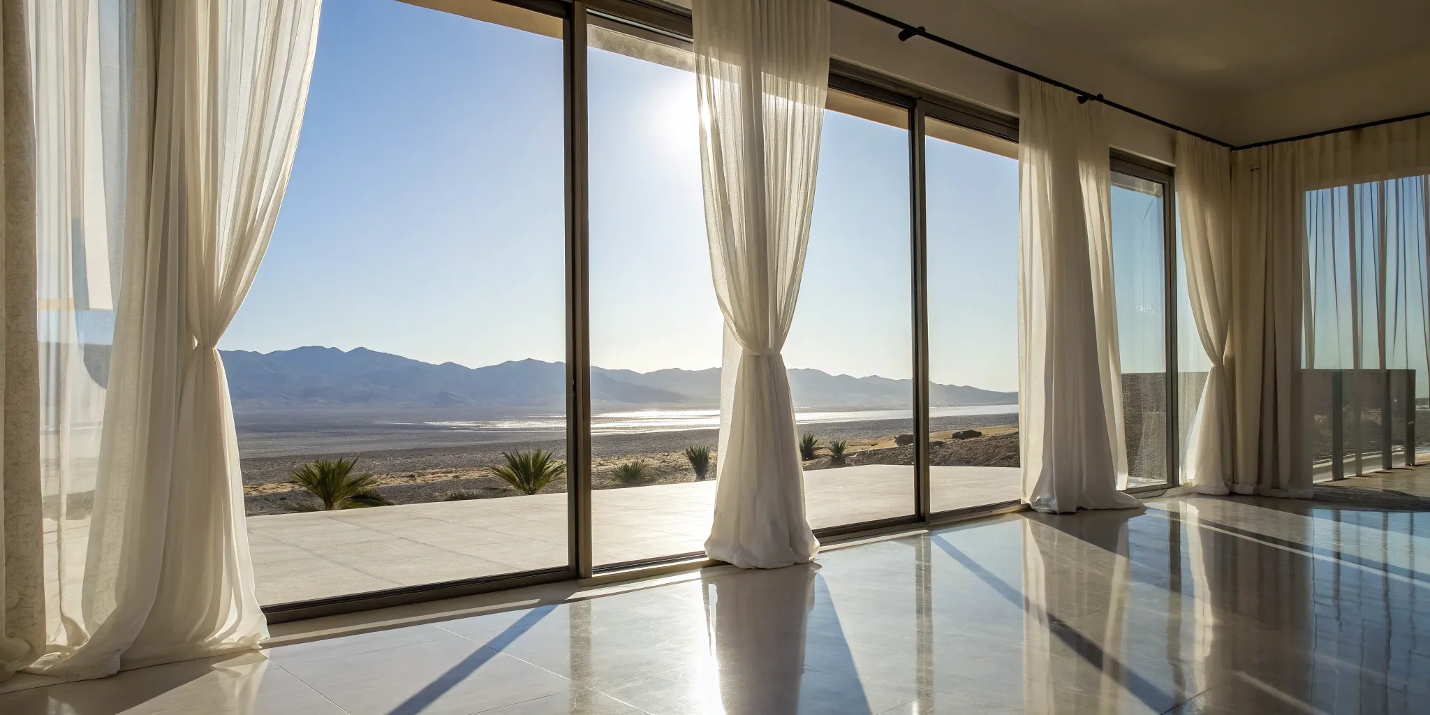 Exterior window washing provides a clear, streak-free view of a desert landscape.
