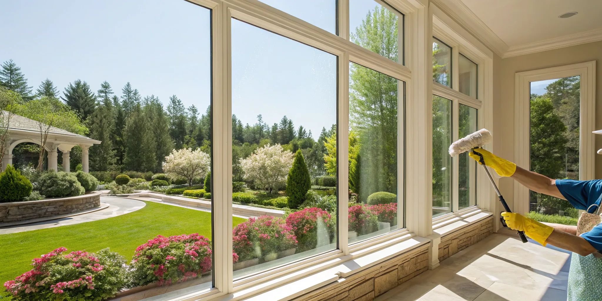 Removing hard water stains from a large glass window.