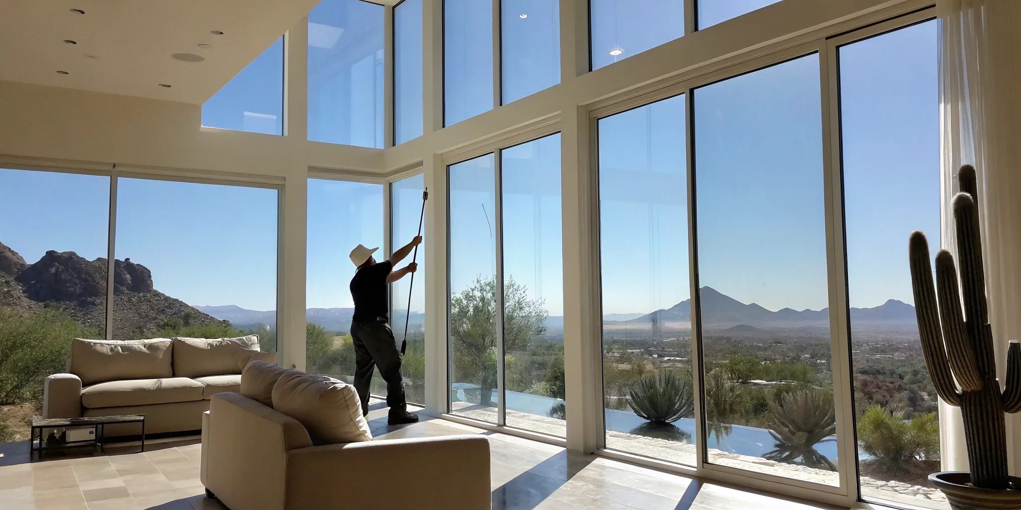 A professional washing a home window with a squeegee for a streak-free shine.