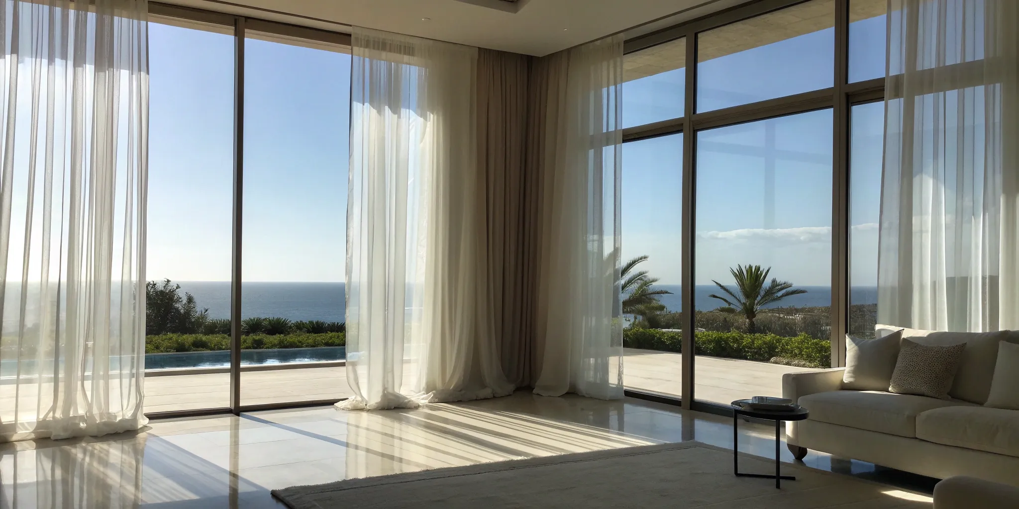 A sunlit living room with perfectly clear windows after a professional monthly window cleaning.