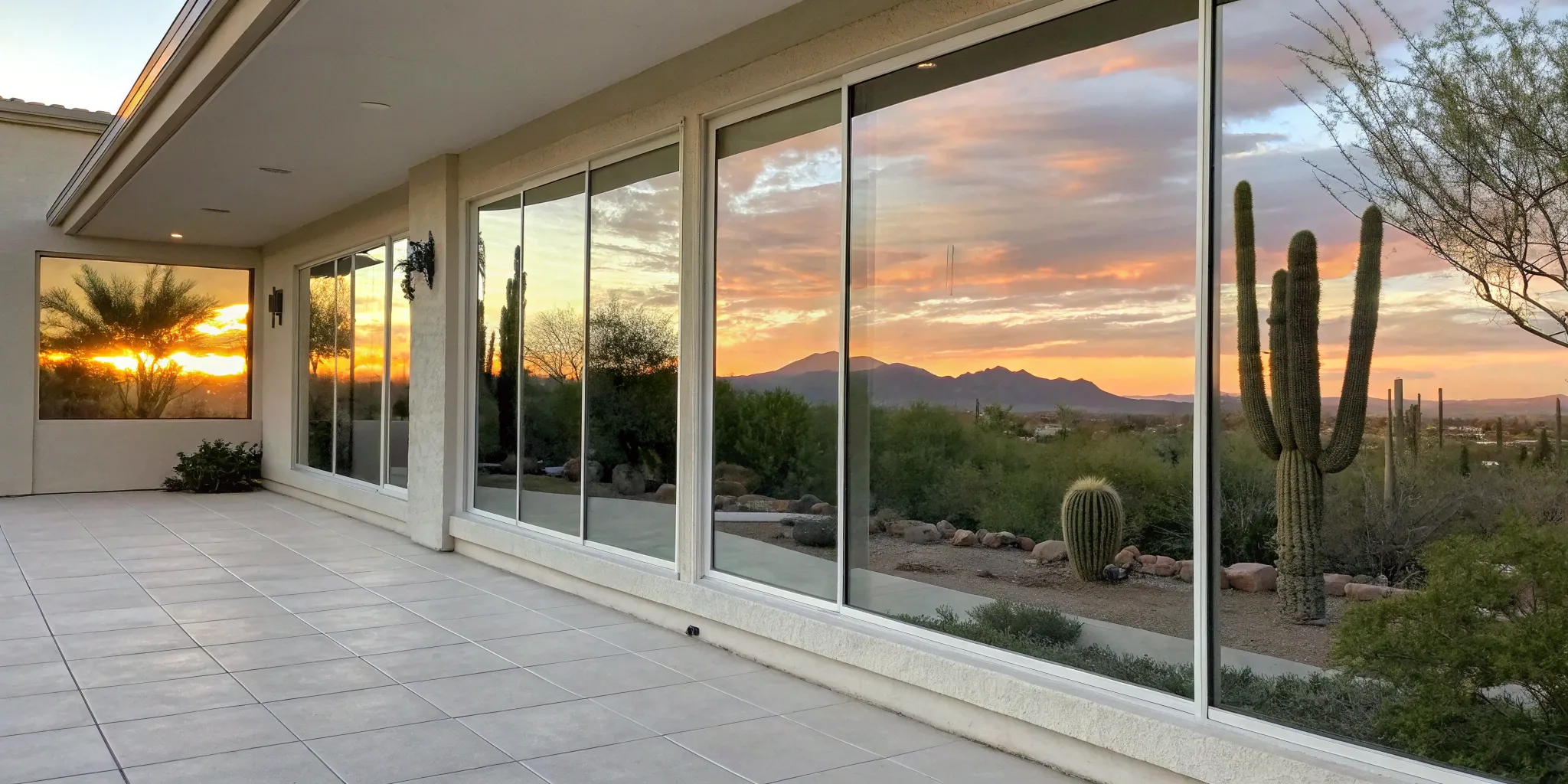 Pristine home windows reflecting a desert sunset after a professional window cleaning in 85255.