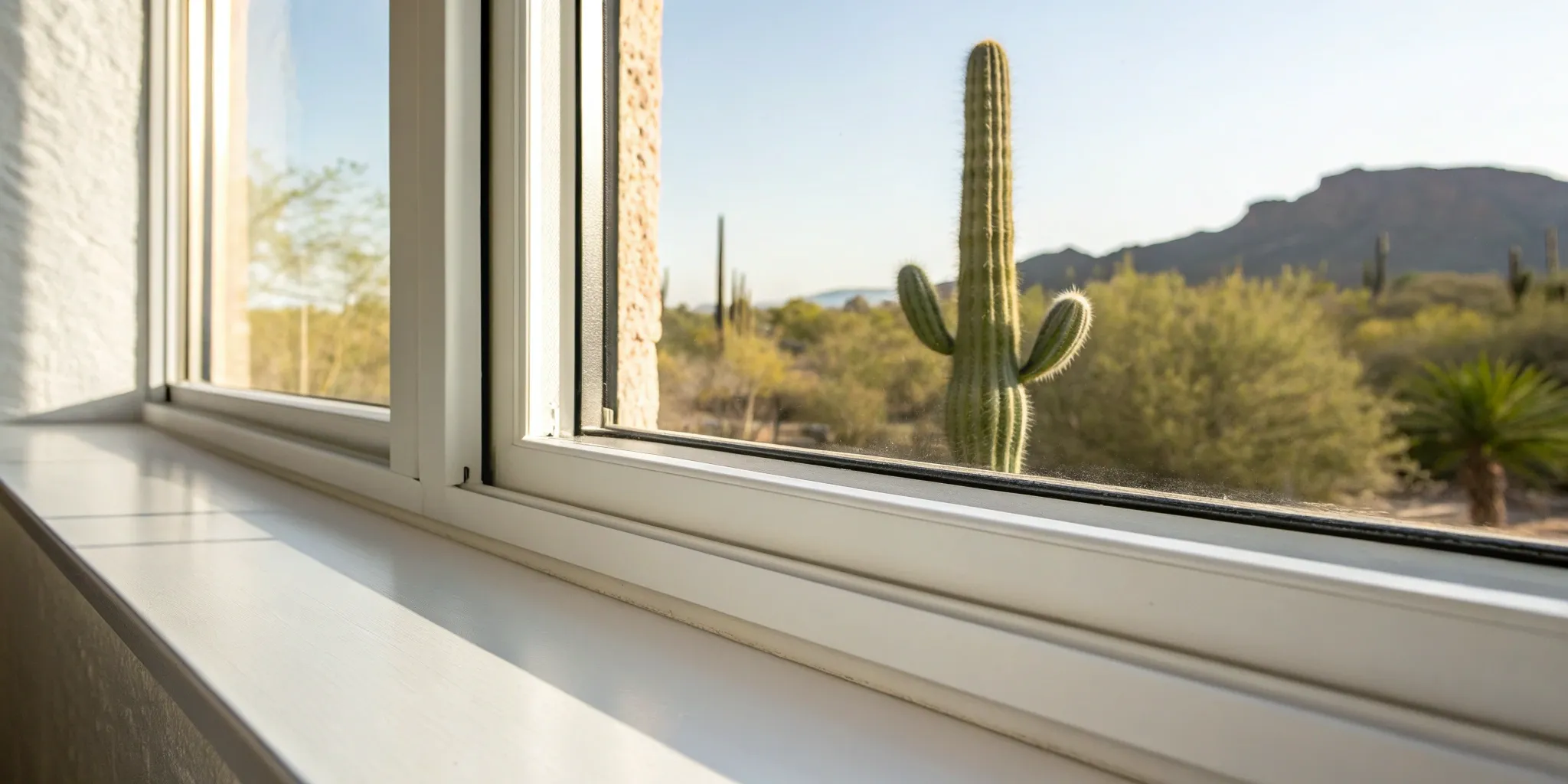 Clean window sills and tracks with a desert landscape visible through the glass.