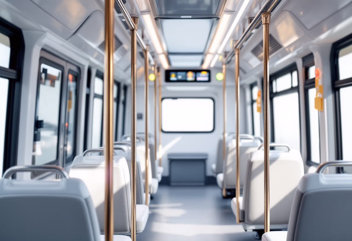 close-up of a public transit bus interior showcasing modern amenities