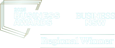 2025 Business Awards logo with Business NSW and Regional Winner text on a teal background.