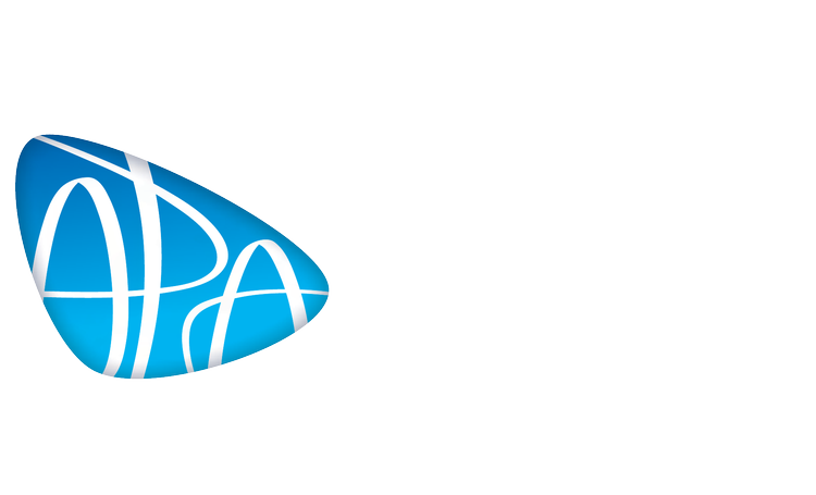 Blue triangular logo with stylized white letters resembling APA.