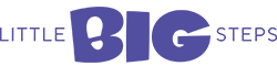 Logo with the words 'LITTLE BIG STEPS' in stylized blue text, with 'BIG' in large, bold letters.