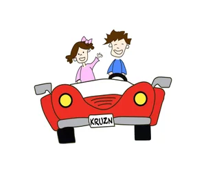 Cartoon illustration of a smiling boy and girl riding in a red convertible car with a license plate reading 'KRUZN'.