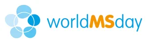 World MS Day logo with stylized blue and orange text and a circular design of blue dots.