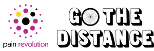 Logo with pink and yellow circular dots forming a spiral next to the phrase 'Go The Distance' with a bicycle wheel replacing the letter O.